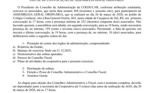 Edital de convocação – Assembleia Geral Ordinária – Colégio Coeducar – Errata